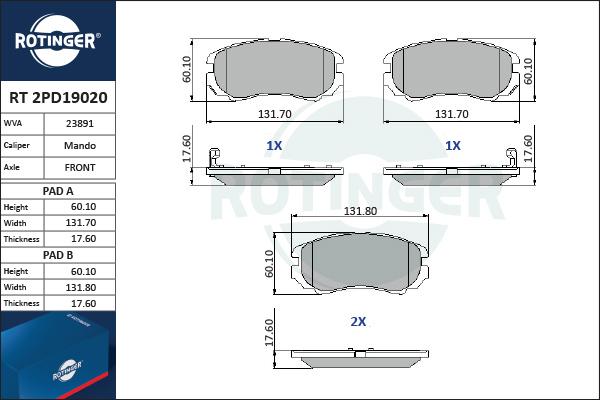 Rotinger RT 2PD19020 - Гальмівні колодки, дискові гальма avtolavka.club