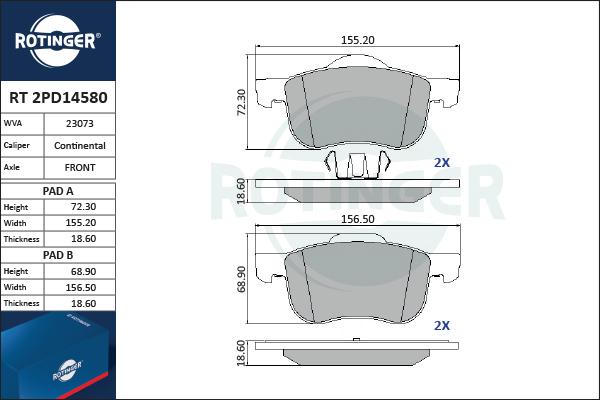 Rotinger RT 2PD14580 - Гальмівні колодки, дискові гальма avtolavka.club