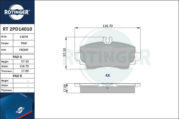 Rotinger RT 2PD14010 - Гальмівні колодки, дискові гальма avtolavka.club