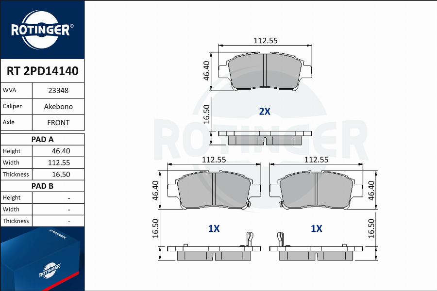 Rotinger RT 2PD14140 - Гальмівні колодки, дискові гальма avtolavka.club