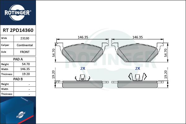 Rotinger RT 2PD14360 - Гальмівні колодки, дискові гальма avtolavka.club