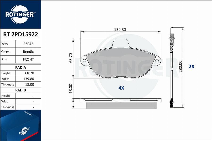 Rotinger RT 2PD15922 - Гальмівні колодки, дискові гальма avtolavka.club