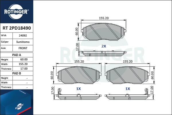 Rotinger RT 2PD18490 - Гальмівні колодки, дискові гальма avtolavka.club