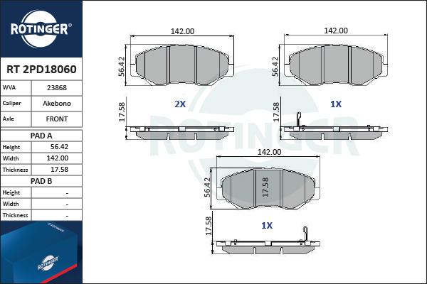 Rotinger RT 2PD18060 - Гальмівні колодки, дискові гальма avtolavka.club