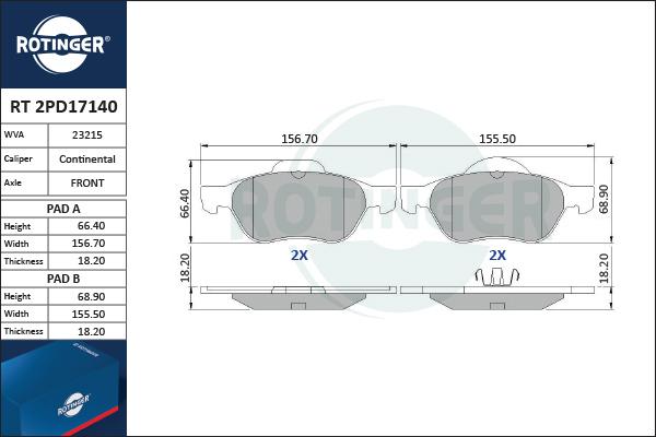 Rotinger RT 2PD17140 - Гальмівні колодки, дискові гальма avtolavka.club