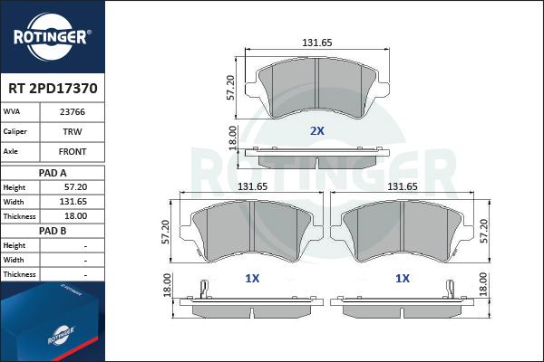 Rotinger RT 2PD17370 - Гальмівні колодки, дискові гальма avtolavka.club