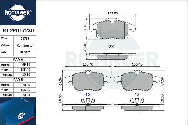 Rotinger RT 2PD17230 - Гальмівні колодки, дискові гальма avtolavka.club