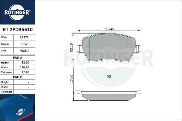 Rotinger RT 2PD35510 - Гальмівні колодки, дискові гальма avtolavka.club