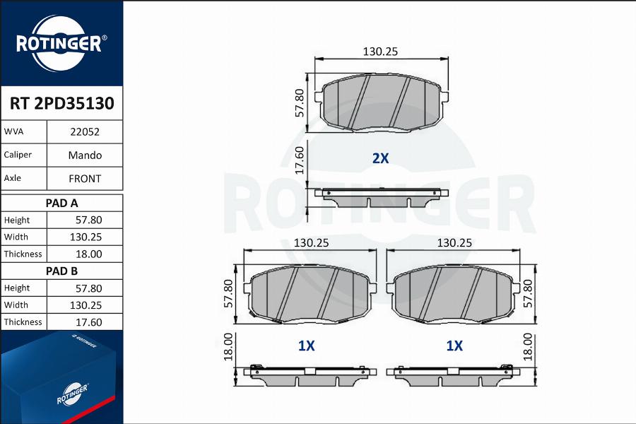 Rotinger RT 2PD35130 - Гальмівні колодки, дискові гальма avtolavka.club