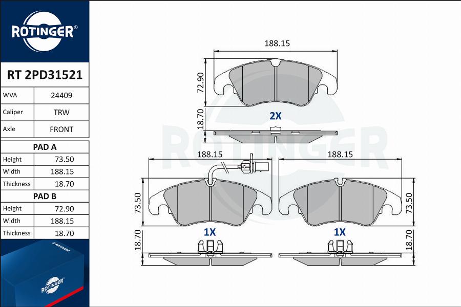 Rotinger RT 2PD31521 - Гальмівні колодки, дискові гальма avtolavka.club