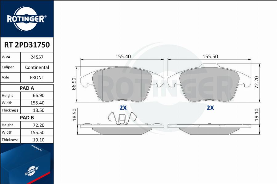 Rotinger RT 2PD31750 - Гальмівні колодки, дискові гальма avtolavka.club