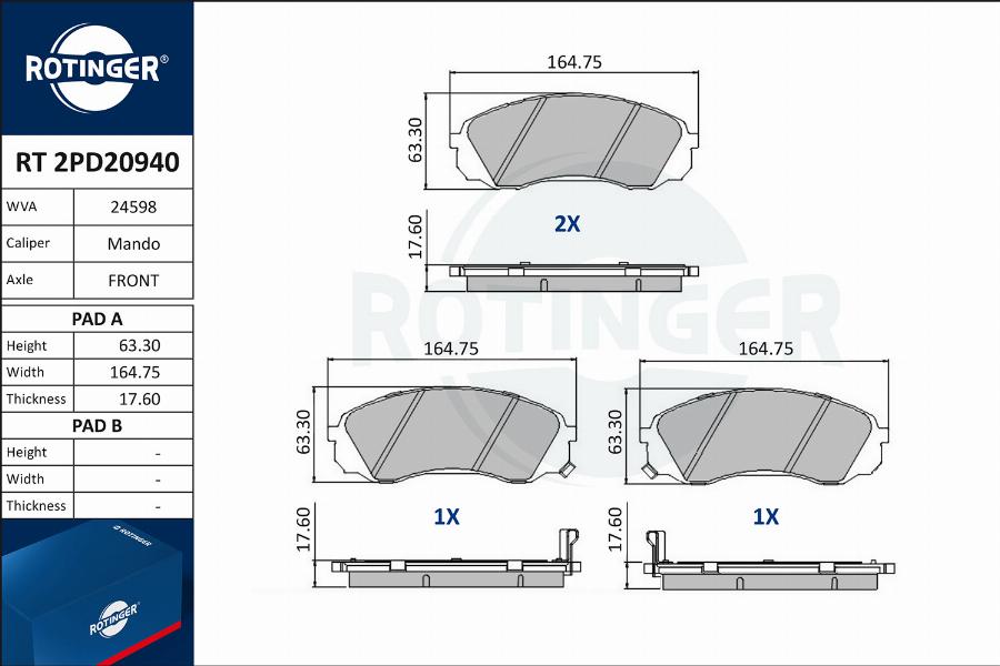 Rotinger RT 2PD20940 - Гальмівні колодки, дискові гальма avtolavka.club