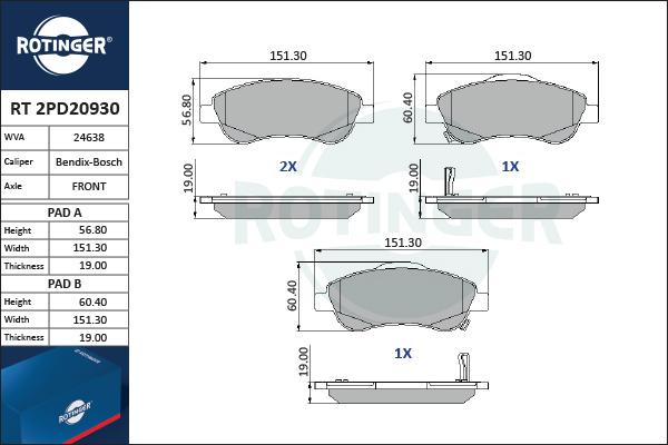 Rotinger RT 2PD20930 - Гальмівні колодки, дискові гальма avtolavka.club