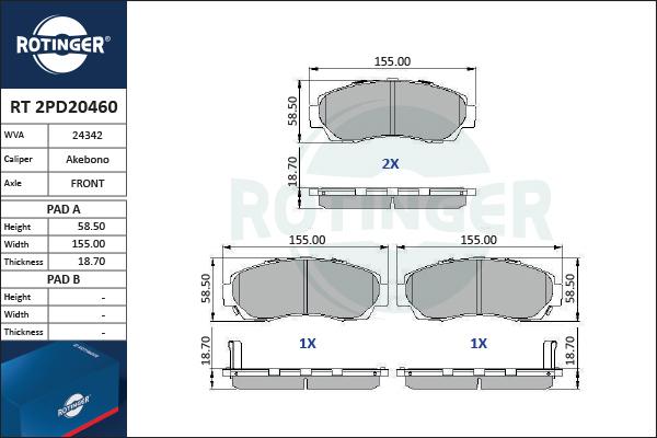 Rotinger RT 2PD20460 - Гальмівні колодки, дискові гальма avtolavka.club