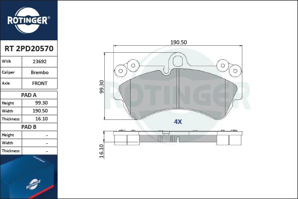 Rotinger RT 2PD20570 - Гальмівні колодки, дискові гальма avtolavka.club