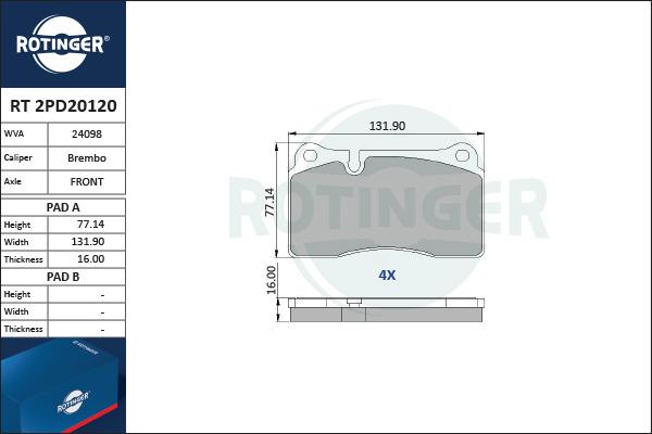 Rotinger RT 2PD20120 - Гальмівні колодки, дискові гальма avtolavka.club