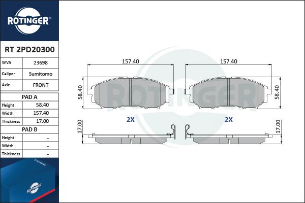 Rotinger RT 2PD20300 - Гальмівні колодки, дискові гальма avtolavka.club