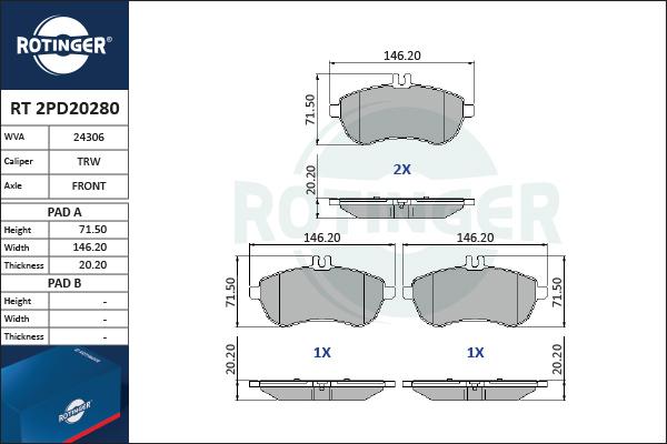 Rotinger RT 2PD20280 - Гальмівні колодки, дискові гальма avtolavka.club