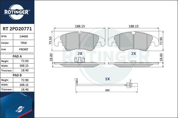 Rotinger RT 2PD20771 - Гальмівні колодки, дискові гальма avtolavka.club