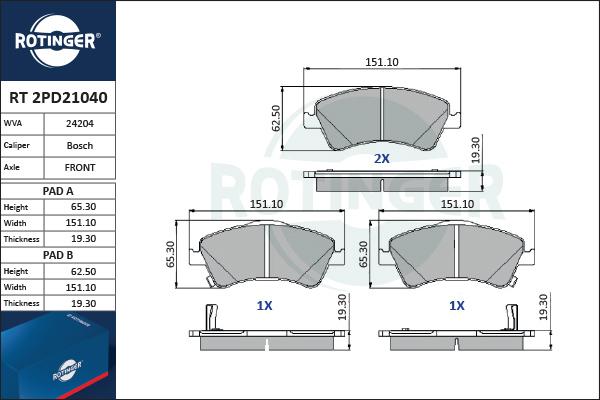 Rotinger RT 2PD21040 - Гальмівні колодки, дискові гальма avtolavka.club