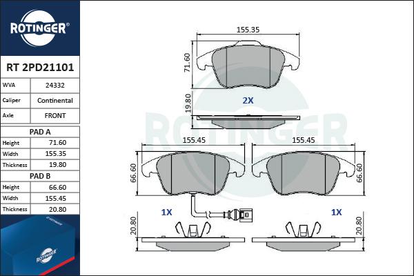 Rotinger RT 2PD21101 - Гальмівні колодки, дискові гальма avtolavka.club