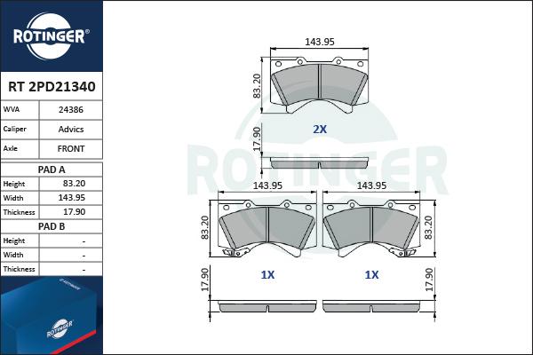 Rotinger RT 2PD21340 - Гальмівні колодки, дискові гальма avtolavka.club