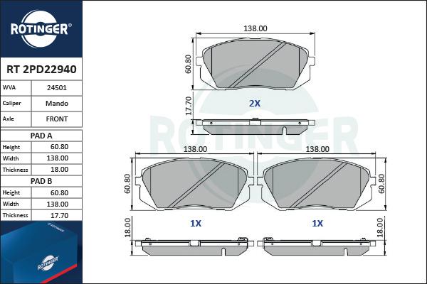 Rotinger RT 2PD22940 - Гальмівні колодки, дискові гальма avtolavka.club