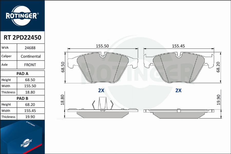 Rotinger RT 2PD22450 - Гальмівні колодки, дискові гальма avtolavka.club