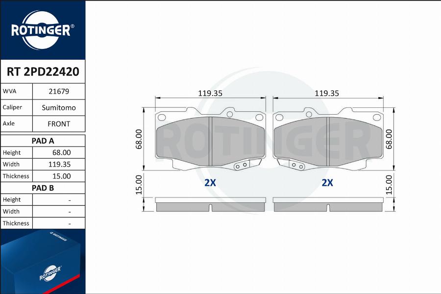 Rotinger RT 2PD22420 - Гальмівні колодки, дискові гальма avtolavka.club