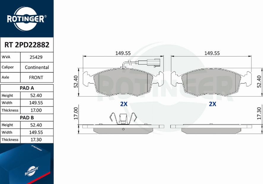 Rotinger RT 2PD22882 - Гальмівні колодки, дискові гальма avtolavka.club