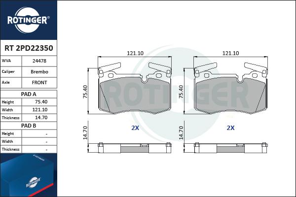 Rotinger RT 2PD22350 - Гальмівні колодки, дискові гальма avtolavka.club