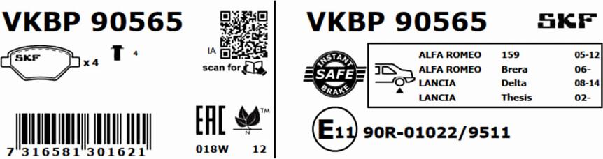 SKF VKBP 90565 - Гальмівні колодки, дискові гальма avtolavka.club