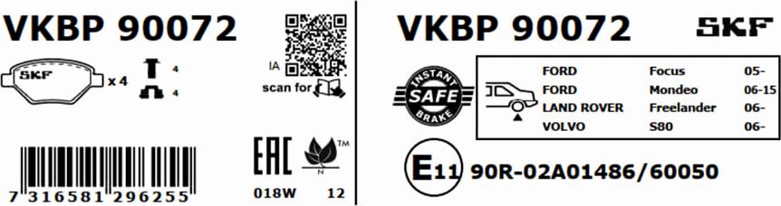 SKF VKBP 90072 - Гальмівні колодки, дискові гальма avtolavka.club