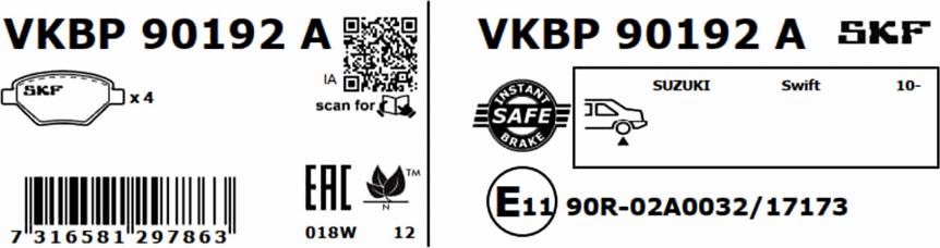 SKF VKBP 90192 A - Гальмівні колодки, дискові гальма avtolavka.club