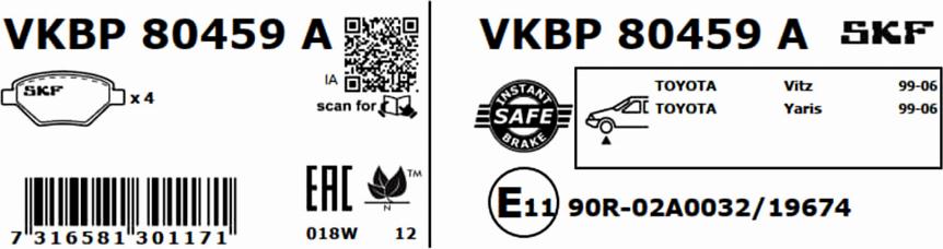 SKF VKBP 80459 A - Гальмівні колодки, дискові гальма avtolavka.club