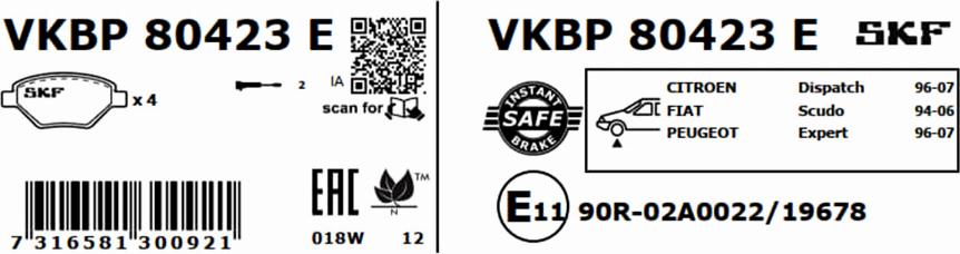 SKF VKBP 80423 E - Гальмівні колодки, дискові гальма avtolavka.club