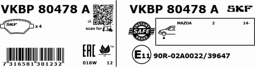 SKF VKBP 80478 A - Гальмівні колодки, дискові гальма avtolavka.club