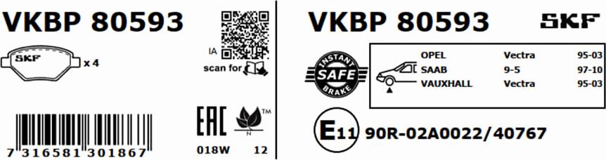 SKF VKBP 80593 - Гальмівні колодки, дискові гальма avtolavka.club