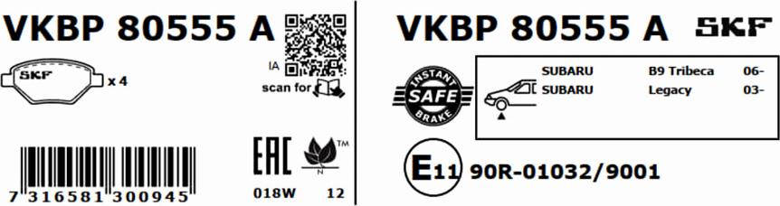 SKF VKBP 80555 A - Гальмівні колодки, дискові гальма avtolavka.club