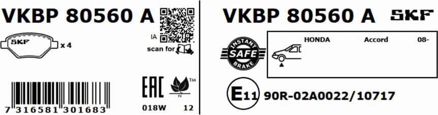 SKF VKBP 80560 A - Гальмівні колодки, дискові гальма avtolavka.club