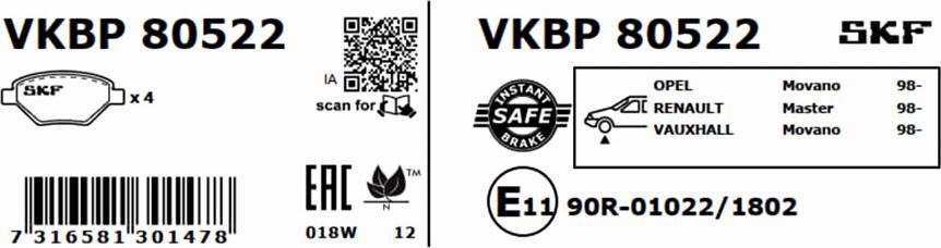 SKF VKBP 80522 - Гальмівні колодки, дискові гальма avtolavka.club