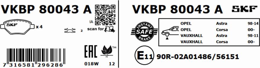 SKF VKBP 80043 A - Гальмівні колодки, дискові гальма avtolavka.club