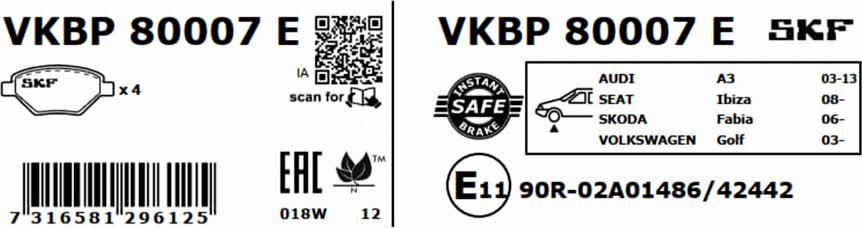 SKF VKBP 80007 E - Гальмівні колодки, дискові гальма avtolavka.club