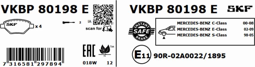 SKF VKBP 80198 E - Гальмівні колодки, дискові гальма avtolavka.club