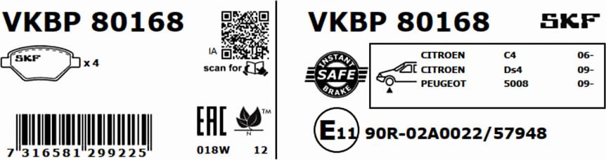 SKF VKBP 80168 - Гальмівні колодки, дискові гальма avtolavka.club