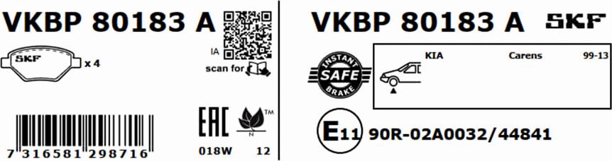 SKF VKBP 80183 A - Гальмівні колодки, дискові гальма avtolavka.club