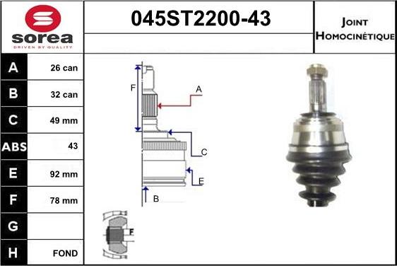 STARTCAR 045ST2200-43 - Шарнірний комплект, ШРУС, приводний вал avtolavka.club