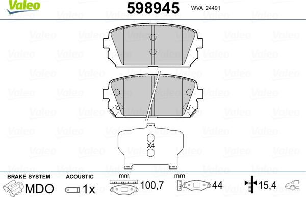 Valeo 598945 - Гальмівні колодки, дискові гальма avtolavka.club