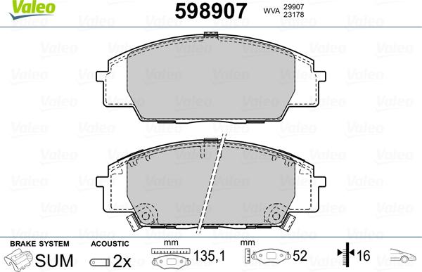 Valeo 598907 - Гальмівні колодки, дискові гальма avtolavka.club