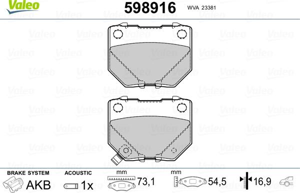 Valeo 598916 - Гальмівні колодки, дискові гальма avtolavka.club